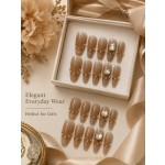 Nude Caramel Press‑On Nails, Luxury Long T‑Shape False Nails With Pearl‑Gold Bead Chain & Big Rhinestone
